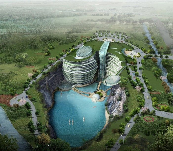 edificios soprendentes hotel subterraneo china songjiang acantilado rascasuelos hueco mina futuro arquitectura increible edificio