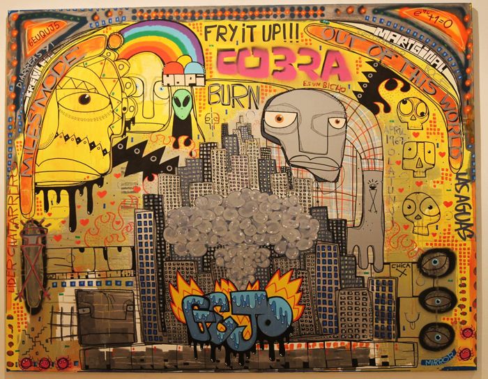 graffiti ciudad gejo tonos amarillos y explosion con caras y mensajes