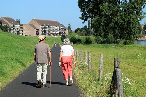 Dos personas mayores caminando en un ambiente rural