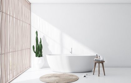 baño espacioso con bañera ovalada iluminado por la luz natural