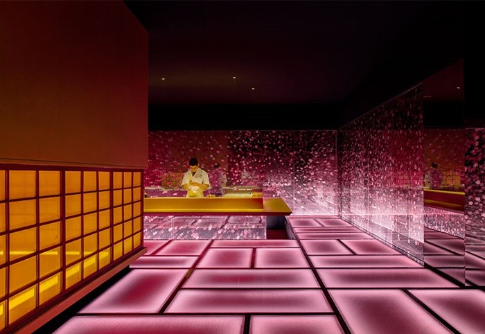 interior rosa luz pasillo restaurante cocinero