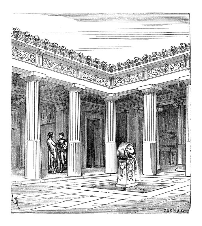 ilustracion columnas patio interior fuente