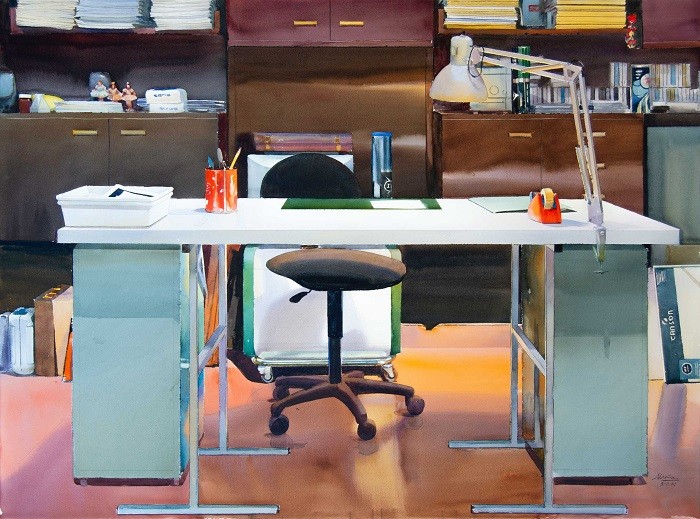escritorio con silla pintado en acuarela