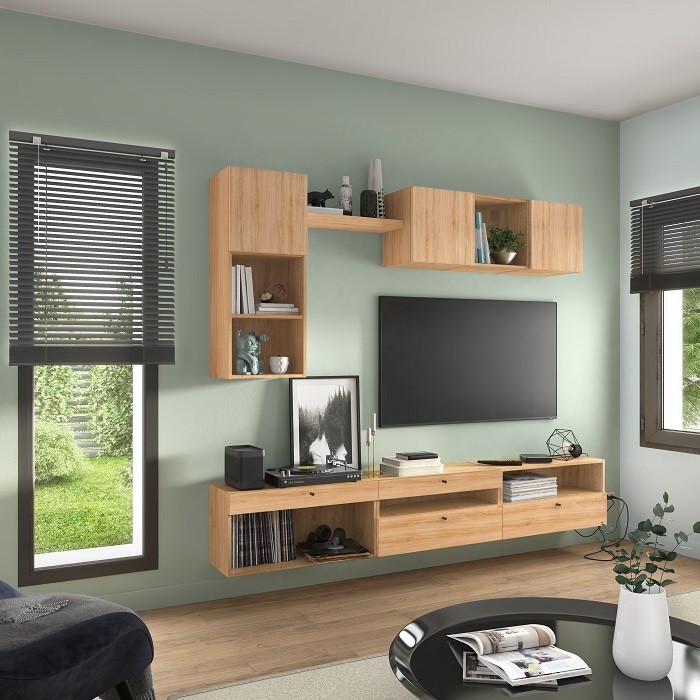 Salón con mueble tv en color madera