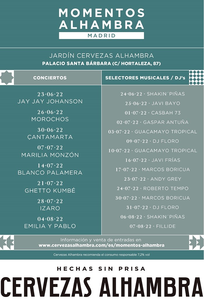 Programación de conciertos en Jardín Cervezas Alhambra en Madrid