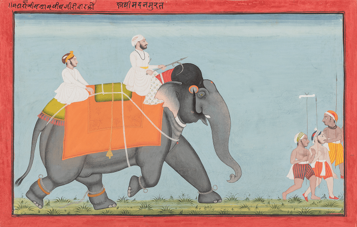 pintura de un elefante caminando con indios