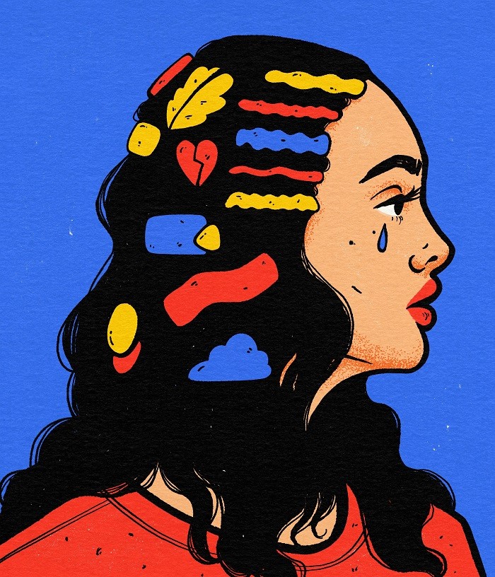 Ilustración de Be Fernández: mujer llorando con objetos en el pelo