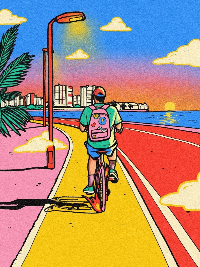 Ilustración de Be Fernández: paisaje de playa con chico en bicicleta paseando por el paseo marítimo