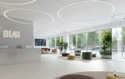 Interior de unas oficinas con un diseño moderno y amplio
