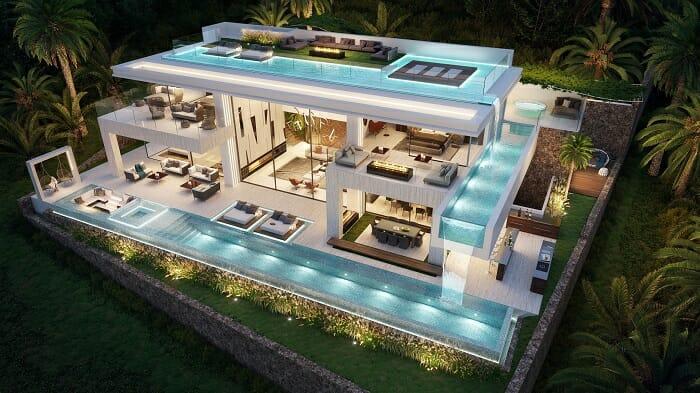 Imagen de un proyecto de una casa de lujo de dos plantas con piscina