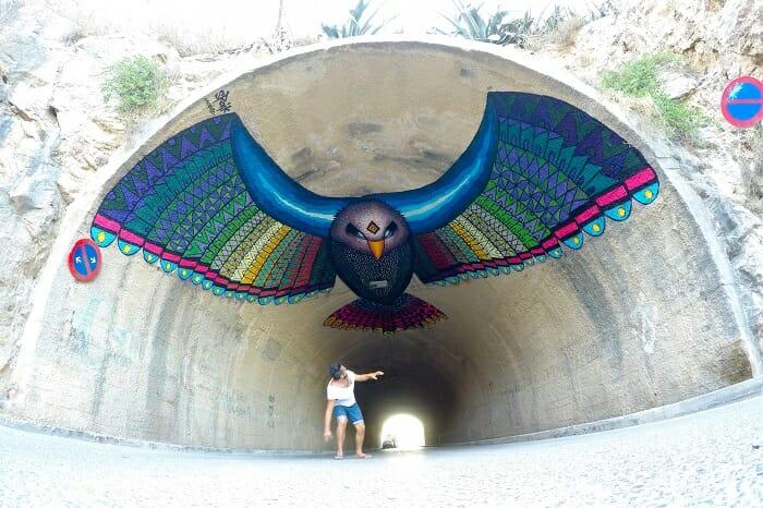 Arte urbano dibujo de un águila en el interior de un tunel