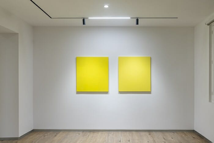 Sala con dos cuadros de la exposición de Yaima Carrazama