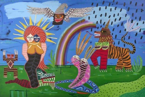 Pintura de Kerwick muy colorida con arco iris, mujer de dos cabezas y un tigre