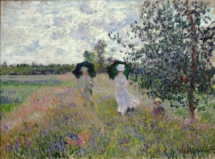 Cuadro de Monet de un campo con dos personas paseando