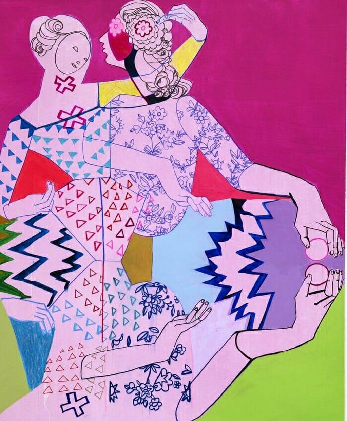 Obra de arte de la Feria Swab Barcelona 2023 dibujo de una señora difuminada en colores rosas