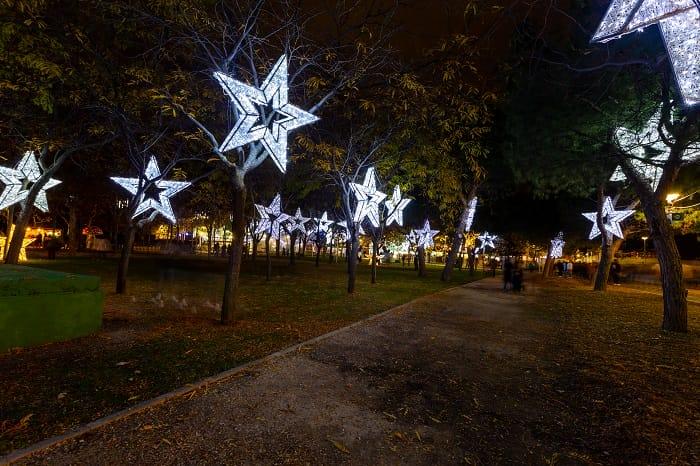 Iluminación de varias estrellas en árboles de Navidad