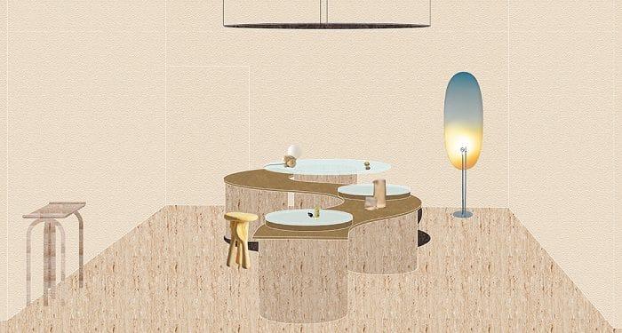 Maqueta de una cafetería con muebles e iluminación