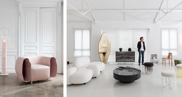 Diseñador Mathieu Lechanneur en un salón con piezas de obra de arte de salón