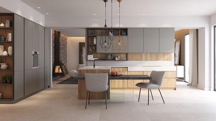 Diseño de cocina con muebles en color grisáceos con isla