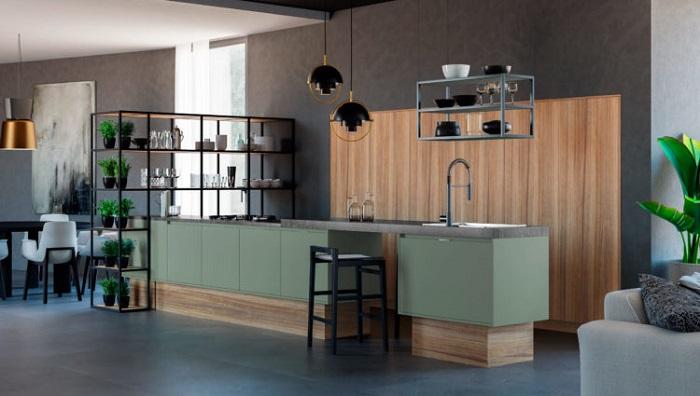 Diseño de cocina con color madera y verde