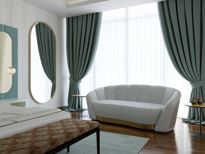 salón con sofá blanco y cortinas a verdes