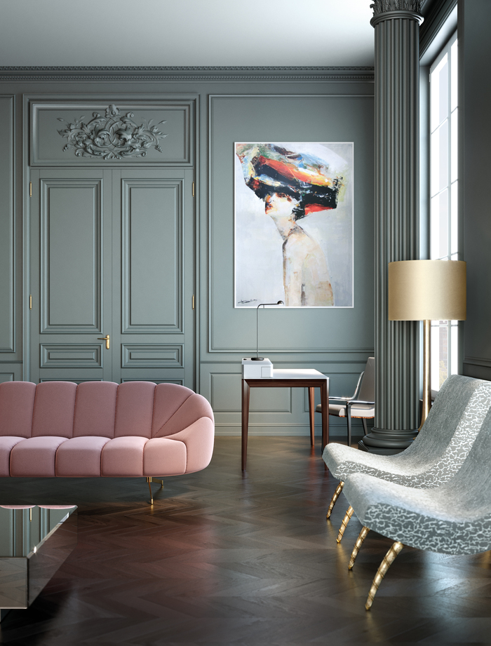 sofá rosa, lampara y cuadro