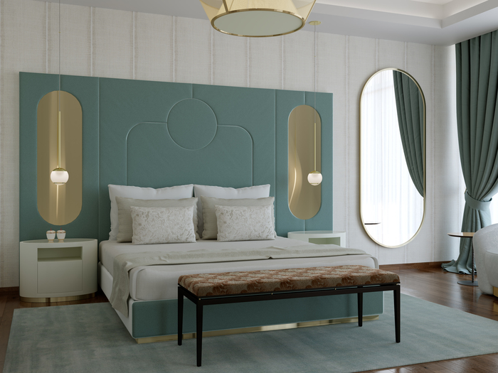habitación con cama blanca y fondo verde menta Tendencias decorativas de primavera
